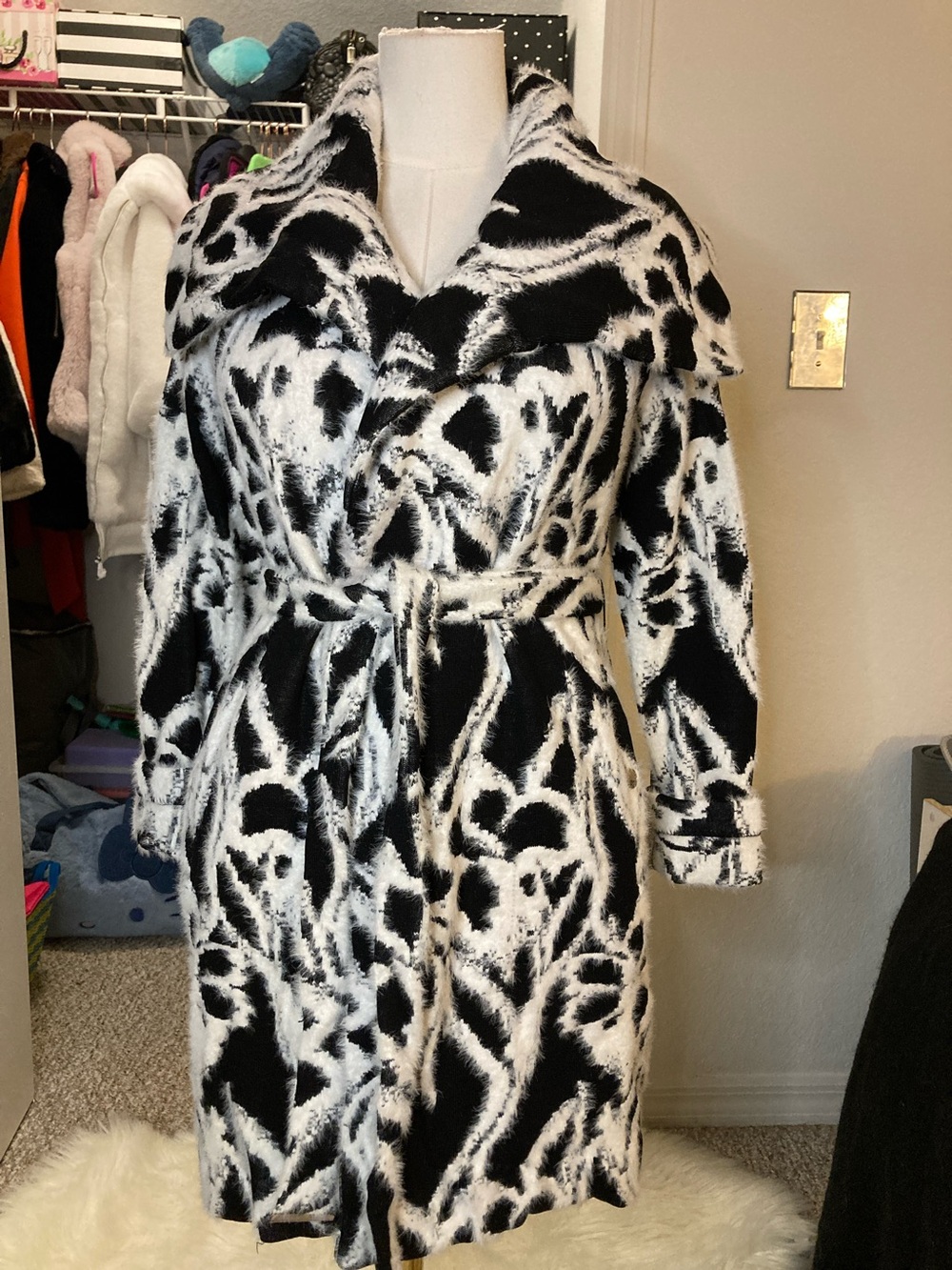 White House Black Market Black and White Patterned Belted Coat